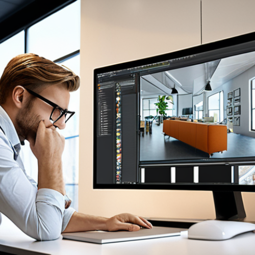 Home 23 Modern Interior Designer at Work**
Prompt: *Interior designer in a modern office, reviewing 3D design software on a large monitor. Emphasis on a stylish, ergonomic workspace with natural light and samples of sustainable materials. Focus on technology and innovation.*
**