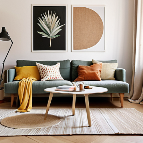 Home 22 **
A bright, modern Barcelona apartment interior. Focus on a cozy living room corner featuring Scandinavian-style furniture, natural light, and DIY decor elements. The scene includes a mood board with fabric swatches and paint samples, visually demonstrating the design process.
**