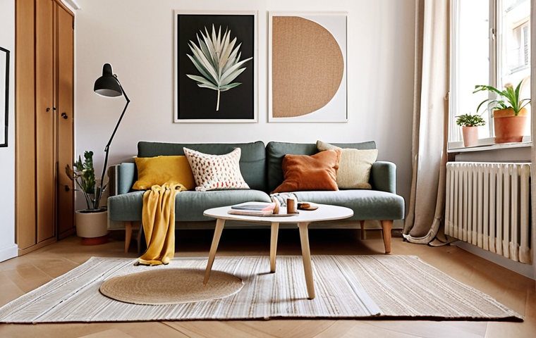 **
A bright, modern Barcelona apartment interior. Focus on a cozy living room corner featuring Scandinavian-style furniture, natural light, and DIY decor elements. The scene includes a mood board with fabric swatches and paint samples, visually demonstrating the design process.
**