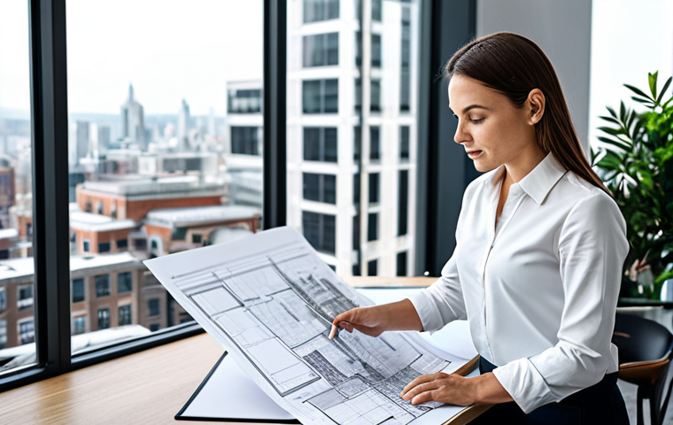 **
A professional architect, fully clothed in a stylish business casual outfit, reviewing blueprints at a bright and spacious office. Large windows overlook a bustling cityscape. Modern decor with plants and minimalist furniture. Perfect anatomy, correct proportions, natural pose, well-formed hands, proper finger count. Professional photography, high quality, safe for work, appropriate content, professional.
**