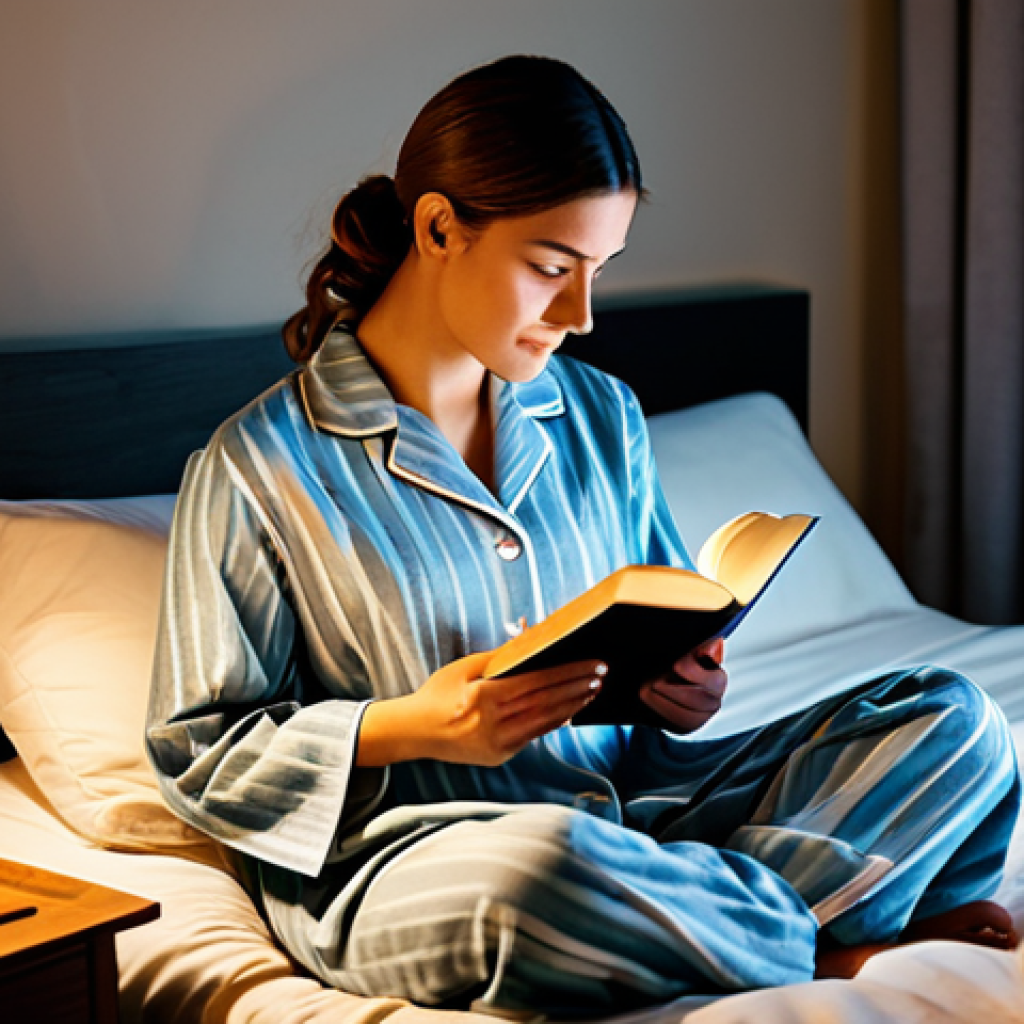 **

A serene woman in modest pajamas, sitting comfortably in bed with a book, warm lighting, aromatherapy diffuser on nightstand, safe for work, fully clothed, appropriate content, perfect anatomy, natural proportions, professional photography, high quality, family-friendly.

**
