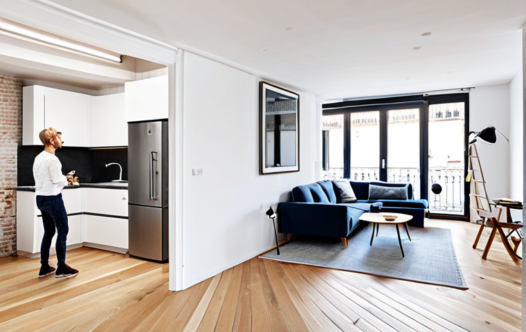 Modern Barcelona Loft Remodel**

"A bright and airy Barcelona loft apartment, remodeled with modern Scandinavian design elements, featuring light wood floors and white walls. A professional interior designer is showcasing the space using a virtual reality headset, fully clothed, appropriate attire, safe for work, perfect anatomy, natural proportions, professional photography, high quality, family-friendly."

**