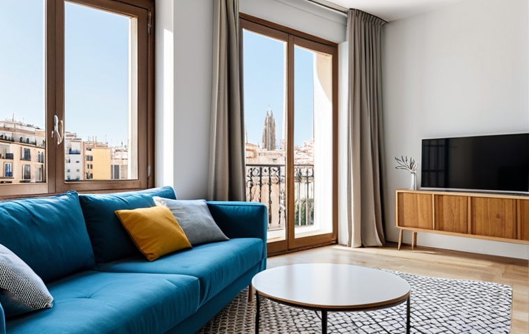 Modern Barcelona Apartment**

"A bright and airy modern apartment in Barcelona, Spain. Large windows overlooking the city. The living room features a comfortable sofa, minimalist decor, and natural light. The color palette emphasizes neutral tones with pops of Mediterranean blue. Fully clothed, modest attire, safe for work, perfect anatomy, natural proportions, professional photography, high quality."

**