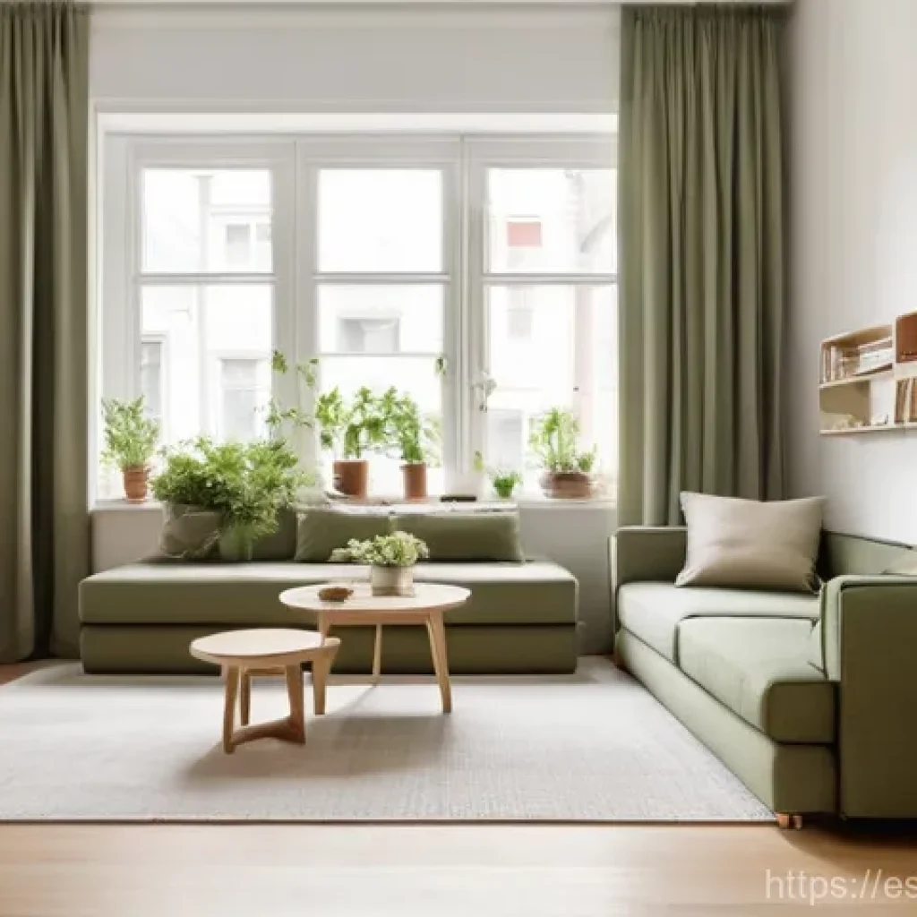 실내건축 업무 사례 공유 - **Prompt:** A cozy and functional small apartment living room bathed in soft natural light, designed...