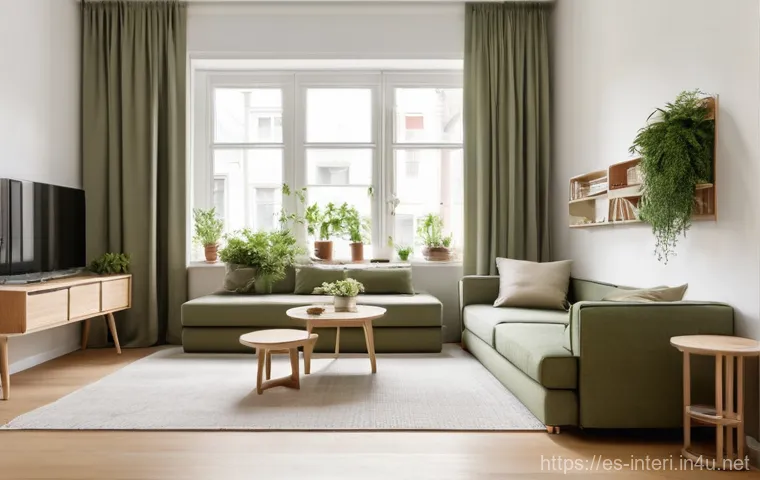 실내건축 업무 사례 공유 - **Prompt:** A cozy and functional small apartment living room bathed in soft natural light, designed...