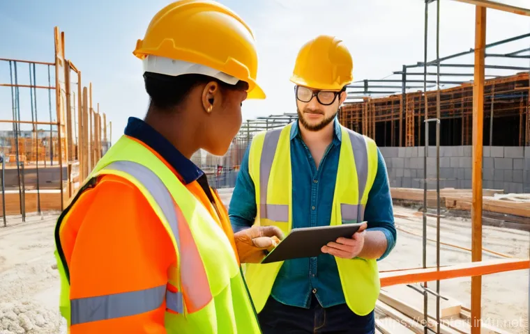 실내건축 현장 실습에서 주의해야 할 점 - **Prompt: Construction Site Safety and Mentorship**
    A young, diverse interior design intern, app...