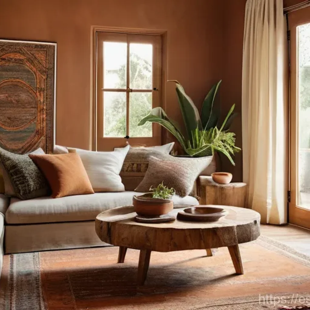 실내건축 실습에서 배우는 디테일 - **Prompt:** A cozy, sustainable living room bathed in soft, warm natural light. The room features a ...