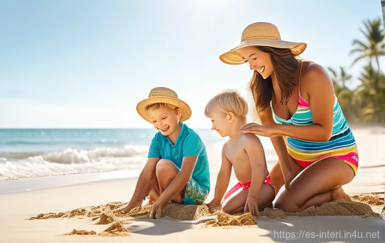 실내건축과 건축 디자인의 차별점 - **Prompt:** A heartwarming scene of a young family enjoying a sunny day at a pristine beach. A mothe...