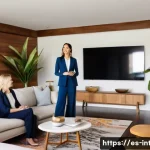 실내건축 포트폴리오에서 강조해야 할 점 - **Prompt:** A dynamic, mid-shot of a female interior designer, mid-30s, with a warm, confident expre...