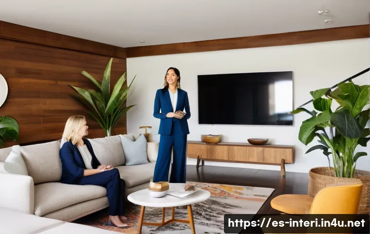 실내건축 포트폴리오에서 강조해야 할 점 - **Prompt:** A dynamic, mid-shot of a female interior designer, mid-30s, with a warm, confident expre...