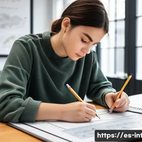 실내건축 실기 시험에서 합격률을 높이는 법 - A focused interior design student in a modern study room, carefully sketching on a large drawing pad...