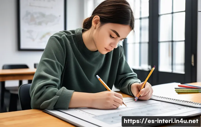 실내건축 실기 시험에서 합격률을 높이는 법 - A focused interior design student in a modern study room, carefully sketching on a large drawing pad...