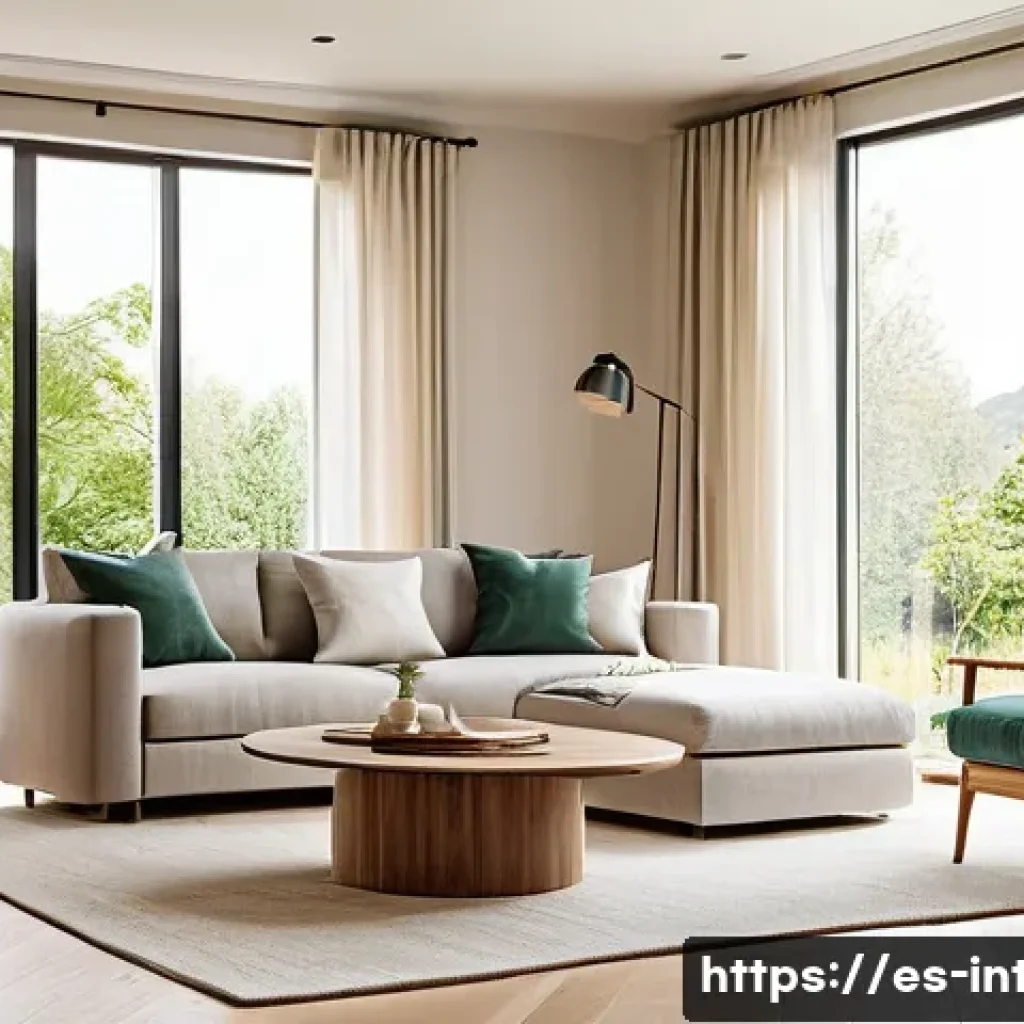 실내건축과 친환경 소재 활용 - A warm and elegant living room interior featuring certified wood flooring and furniture with natural...