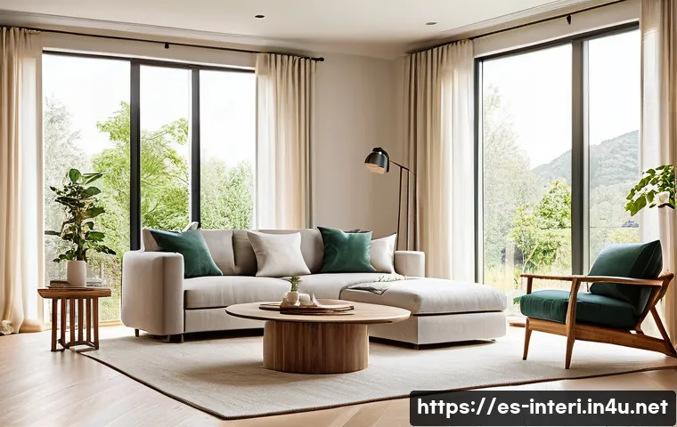 실내건축과 친환경 소재 활용 - A warm and elegant living room interior featuring certified wood flooring and furniture with natural...