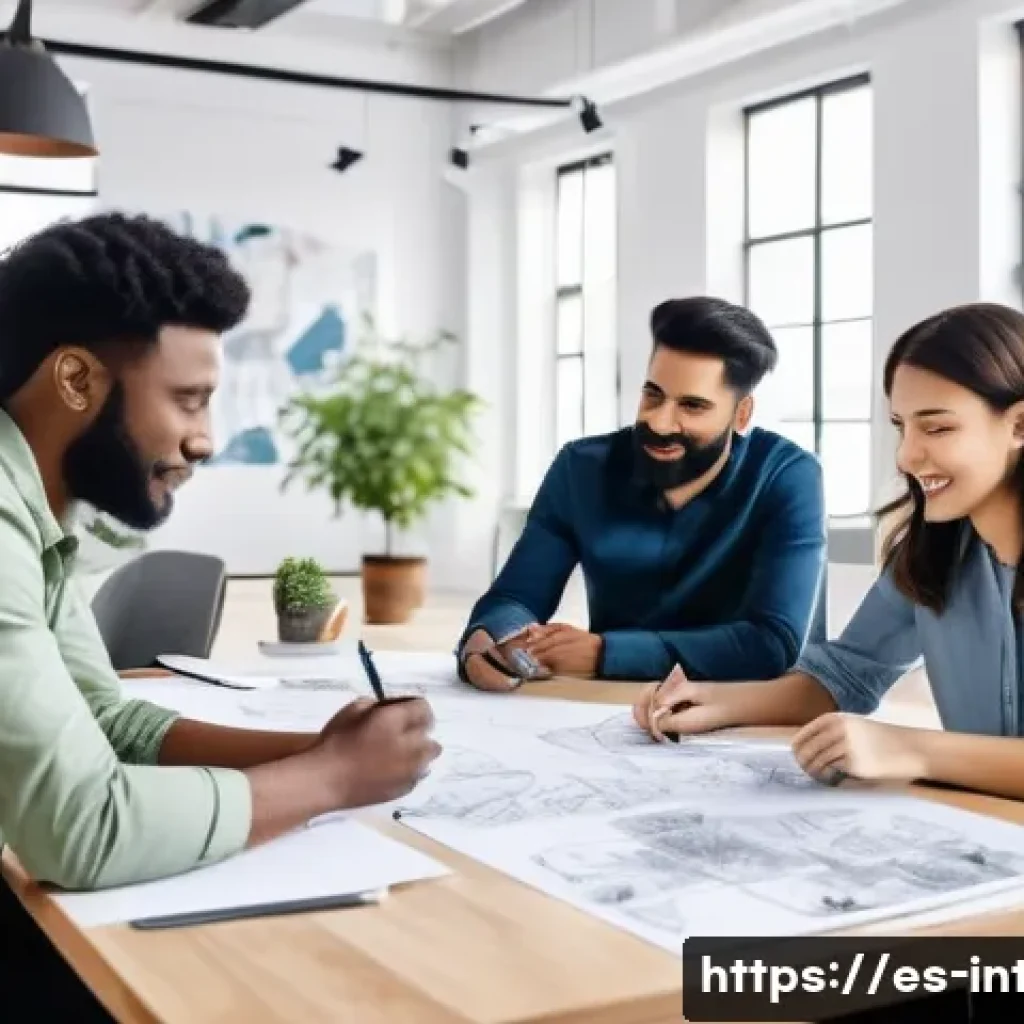 실내건축 실습에서 배우는 협업 스킬들 - A modern interior design team brainstorming session in a bright, spacious studio with diverse profes...