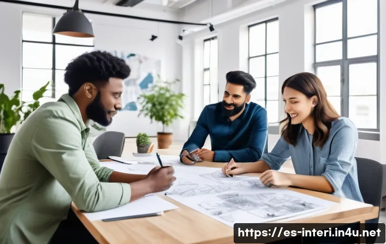 실내건축 실습에서 배우는 협업 스킬들 - A modern interior design team brainstorming session in a bright, spacious studio with diverse profes...