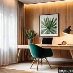 실내건축 실습에서 강조해야 하는 중요한 점들 - A cozy modern home office designed for a Spanish-speaking professional working from home, featuring ...