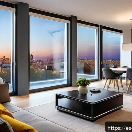 실내건축과 스마트 건축 기술 - A modern smart living room in a Spanish urban apartment, featuring adaptive ambient lighting that ch...