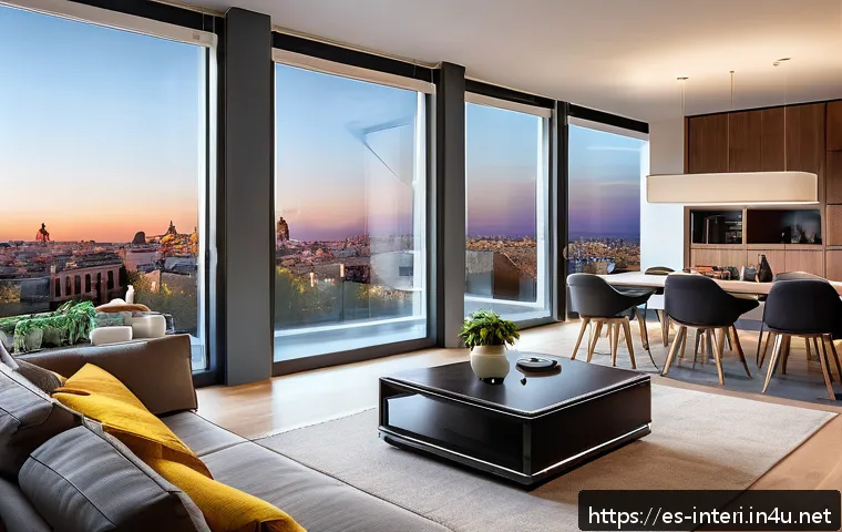 실내건축과 스마트 건축 기술 - A modern smart living room in a Spanish urban apartment, featuring adaptive ambient lighting that ch...