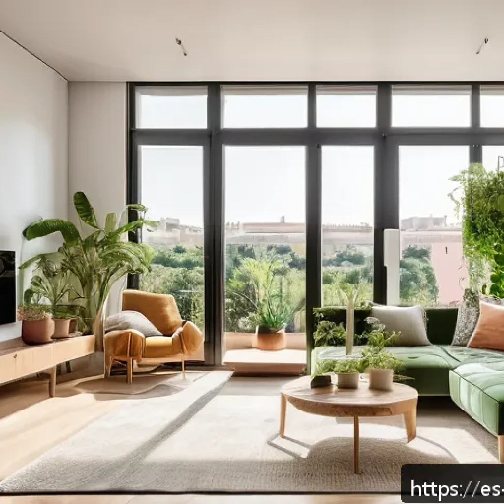 실내건축 디자인에서 고객 니즈 반영법 - A modern, eco-friendly living room interior in a sunny Spanish apartment, featuring large windows wi...
