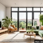 실내건축 디자인에서 고객 니즈 반영법 - A modern, eco-friendly living room interior in a sunny Spanish apartment, featuring large windows wi...