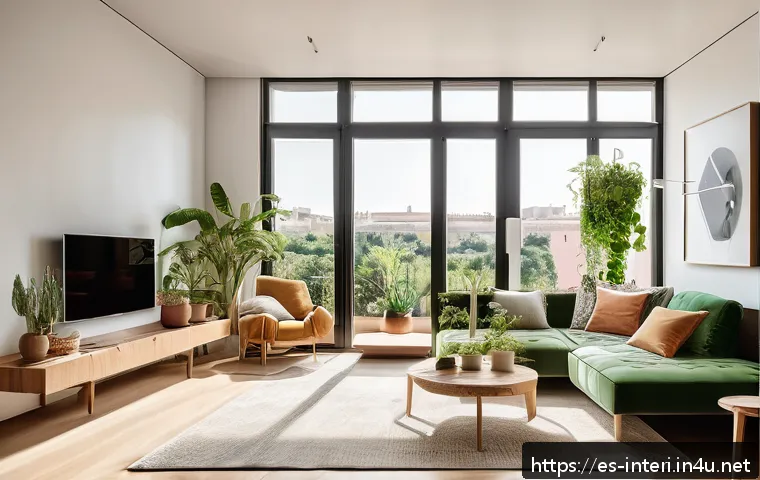 실내건축 디자인에서 고객 니즈 반영법 - A modern, eco-friendly living room interior in a sunny Spanish apartment, featuring large windows wi...