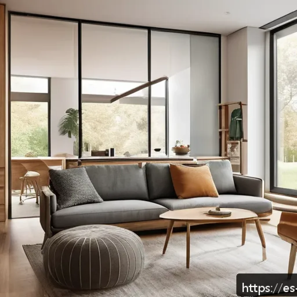 실내건축 실기 시험의 성공 사례 - A modern interior design exam setting showing a spacious room divided into clear functional zones: a...