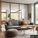 실내건축 실기 시험의 성공 사례 - A modern interior design exam setting showing a spacious room divided into clear functional zones: a...