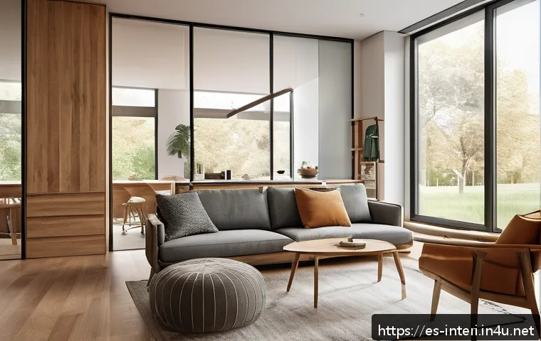 실내건축 실기 시험의 성공 사례 - A modern interior design exam setting showing a spacious room divided into clear functional zones: a...