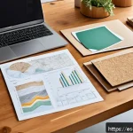 실내건축기사 필기 과목별 공부법 - A modern interior design studio workspace featuring a large wooden table with various sustainable ma...