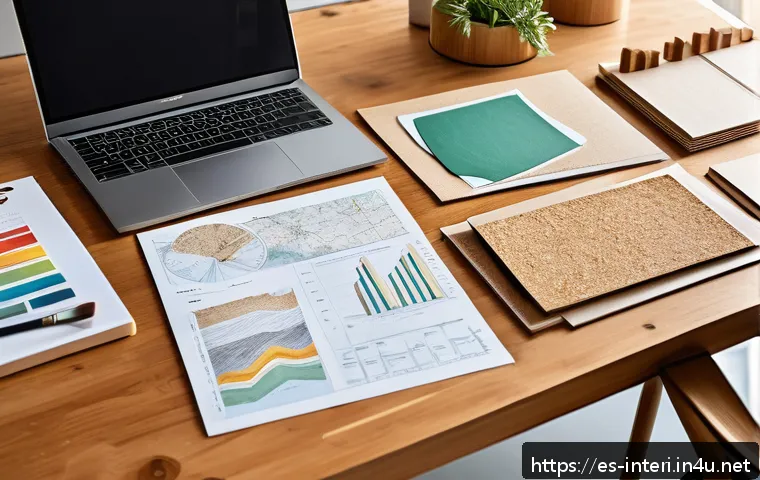 실내건축기사 필기 과목별 공부법 - A modern interior design studio workspace featuring a large wooden table with various sustainable ma...