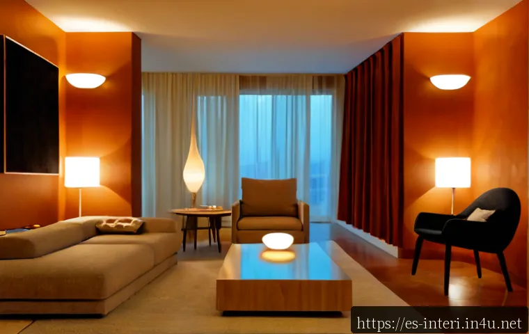 실내건축에서 사용하는 조명 디자인 기법 - Photorealistic modern Spanish apartment living room demonstrating layered interior lighting design, ...