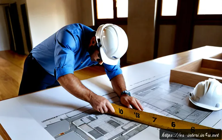 실내건축과 관련된 최신 법규 해설 - Photorealistic Spanish interior architect reviewing a modern apartment renovation in Madrid, examini...