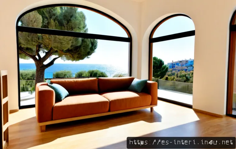 Home 17 실내건축의 주요 트렌드와 미래 - Photorealistic future-focused apartment living room in a contemporary Spanish coastal city, warm Med...