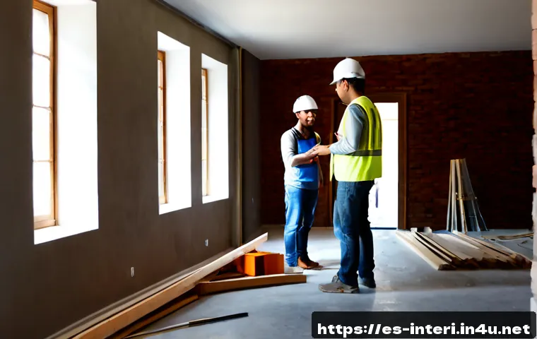 실내건축 현장에서의 커뮤니케이션 방법 - Photorealistic interior renovation site in a contemporary Spanish apartment, architect in a hard hat...