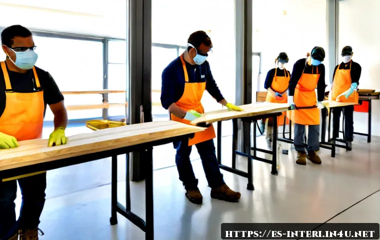 실내건축 실습에서 강조되는 안전 지침 - Photorealistic interior architecture workshop safety scene in a bright Spanish vocational classroom,...